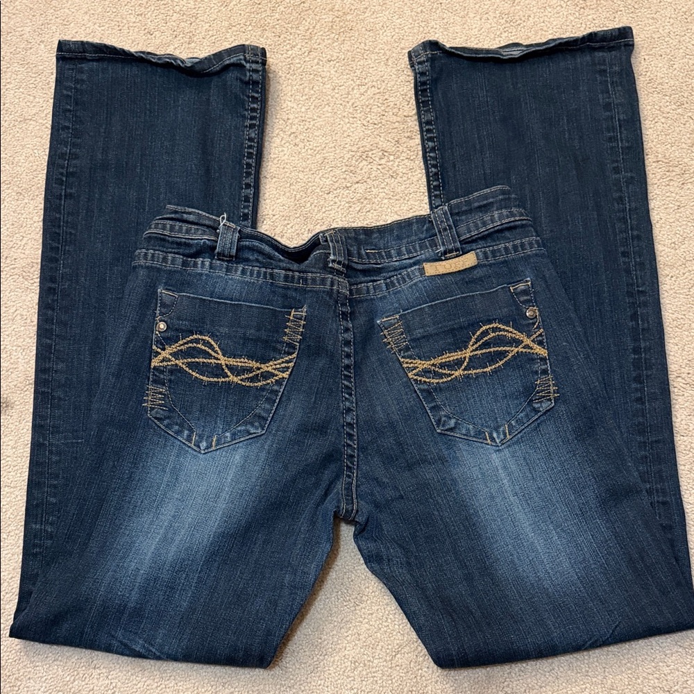 Cowgirl Tuff Dark Blue Boot Cut Jeans with Gold Stitching